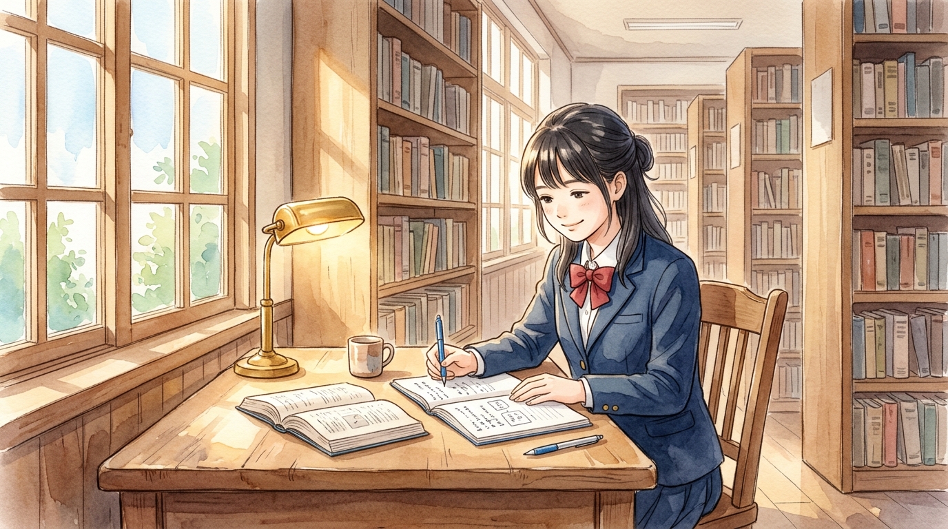 明るい図書館で古典のノートを開いて微笑む高校生