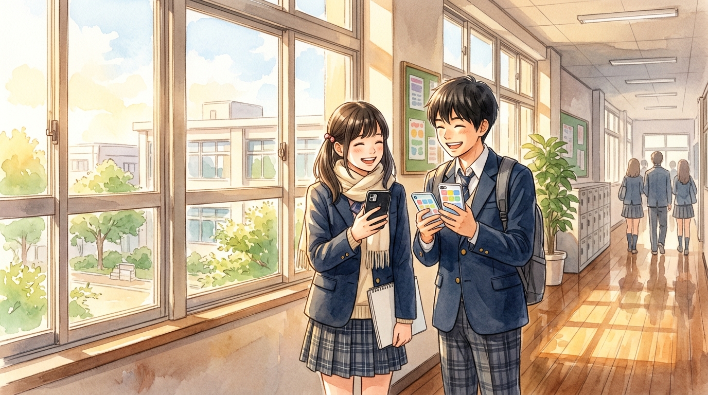 スマートフォンで史記の暗記カードデッキを使って楽しく反復学習する高校生の水彩イラスト