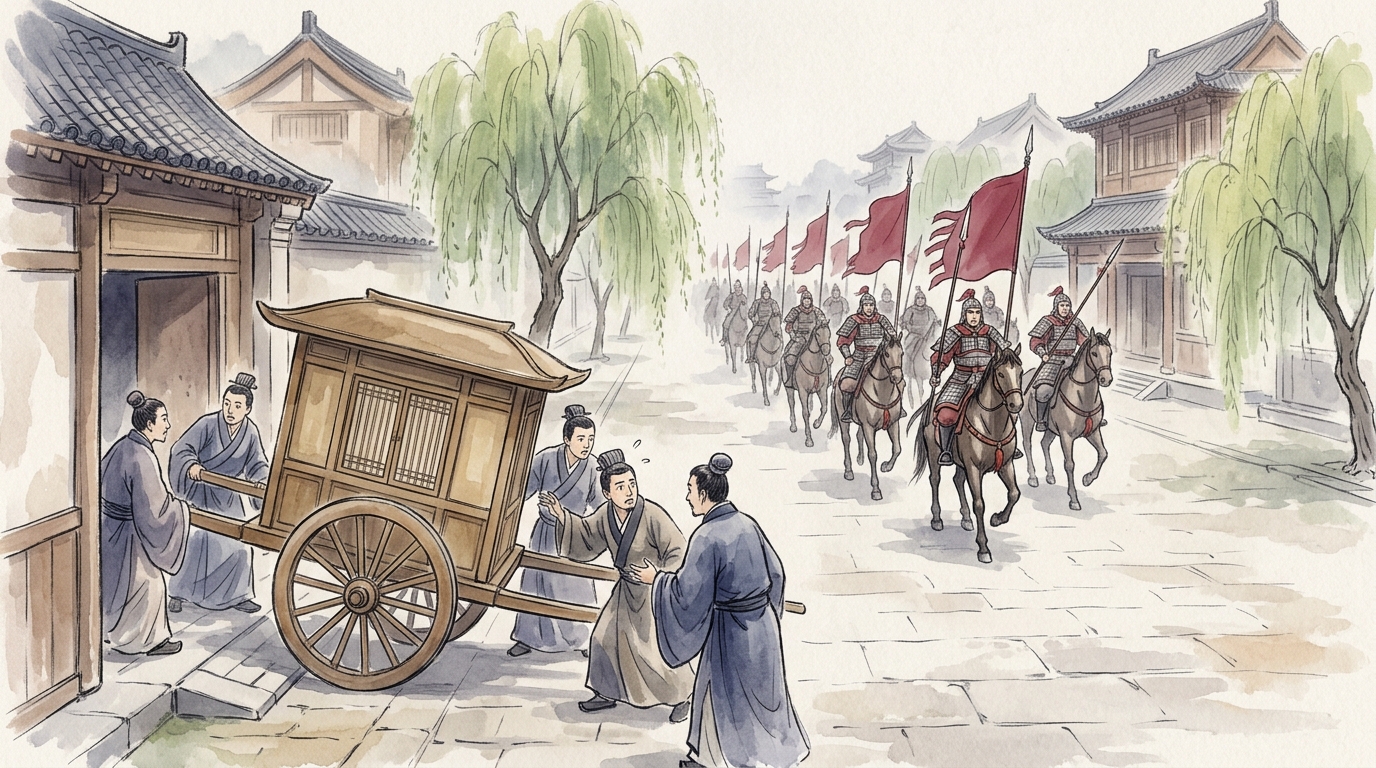 大通りで廉頗将軍の馬車を見かけ、争いを避けるため自分の馬車を脇道へ引き返させる藺相如の水彩イラスト