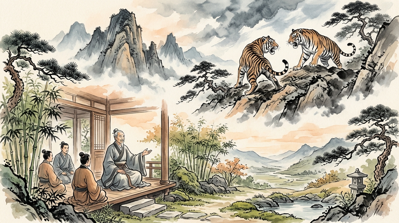 二匹の虎が争えば共倒れになるという両虎相闘の比喩で部下に国家の大局を説く藺相如の水彩イラスト