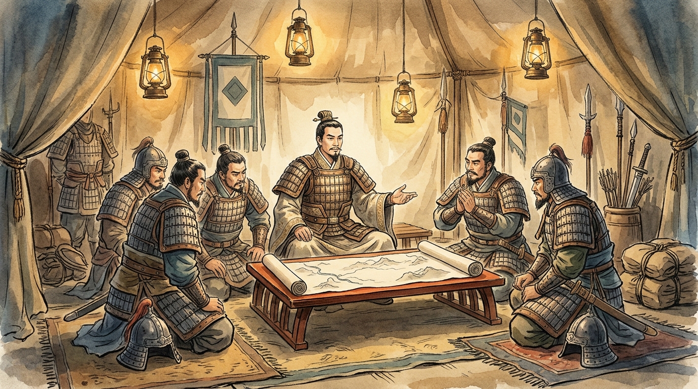 戦勝の宴で諸将に孫子の兵法『死地・亡地』の真意を説く大将軍・韓信の水彩イラスト
