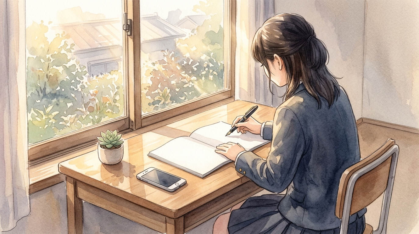 背水の陣の戦術図と漢文の重要句形をノートにまとめて勉強する高校生の水彩イラスト