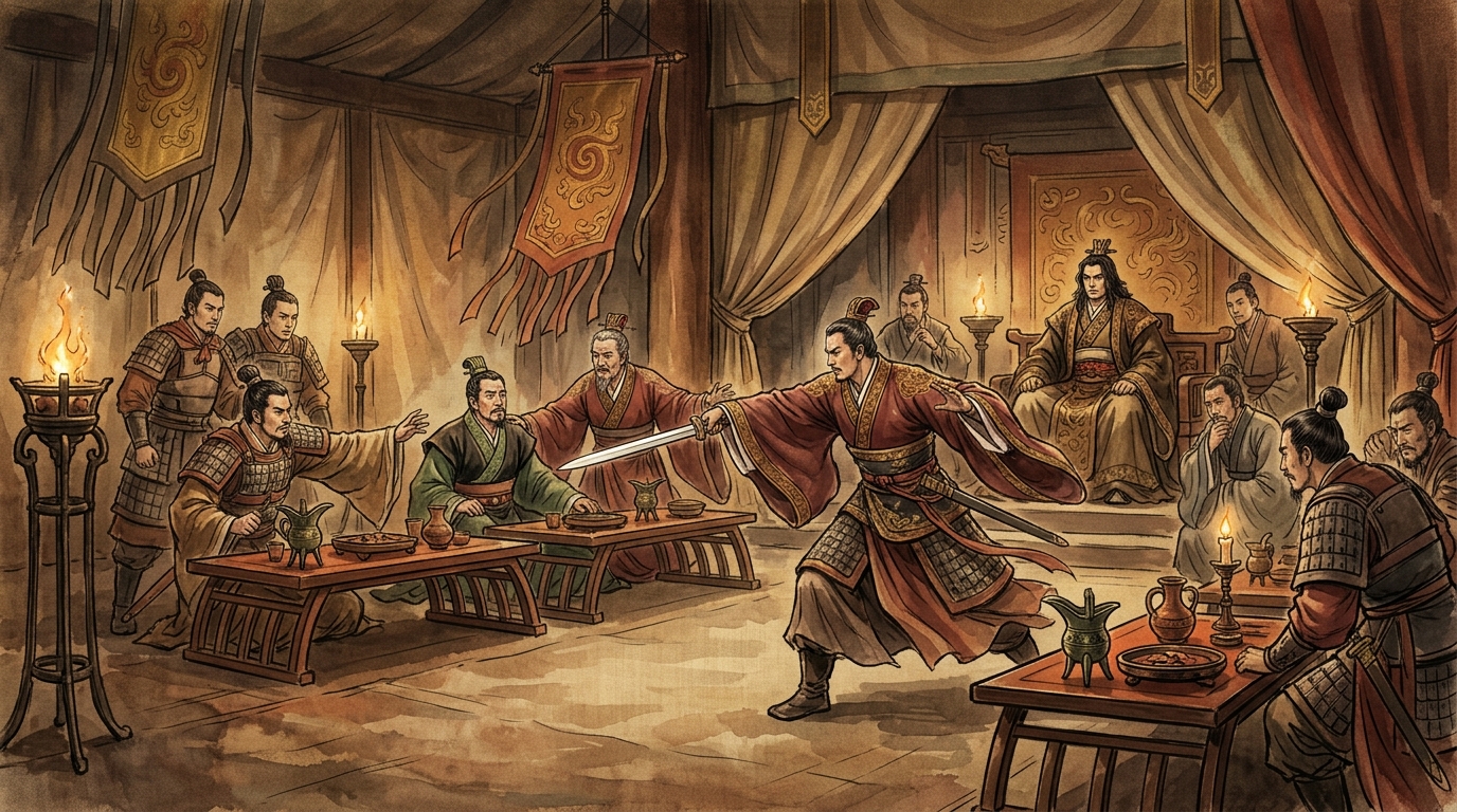 古代中国秦漢代の軍営天幕で項荘が剣を舞い項伯が劉邦を身体で庇う緊迫の場面