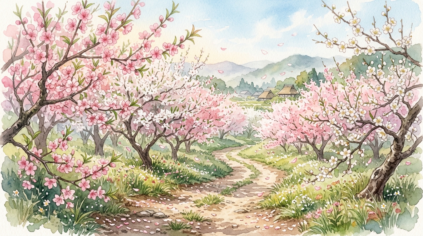 満開の桃や李の木の下に自然と美しい小道(蹊)ができている春の風景の水彩イラスト