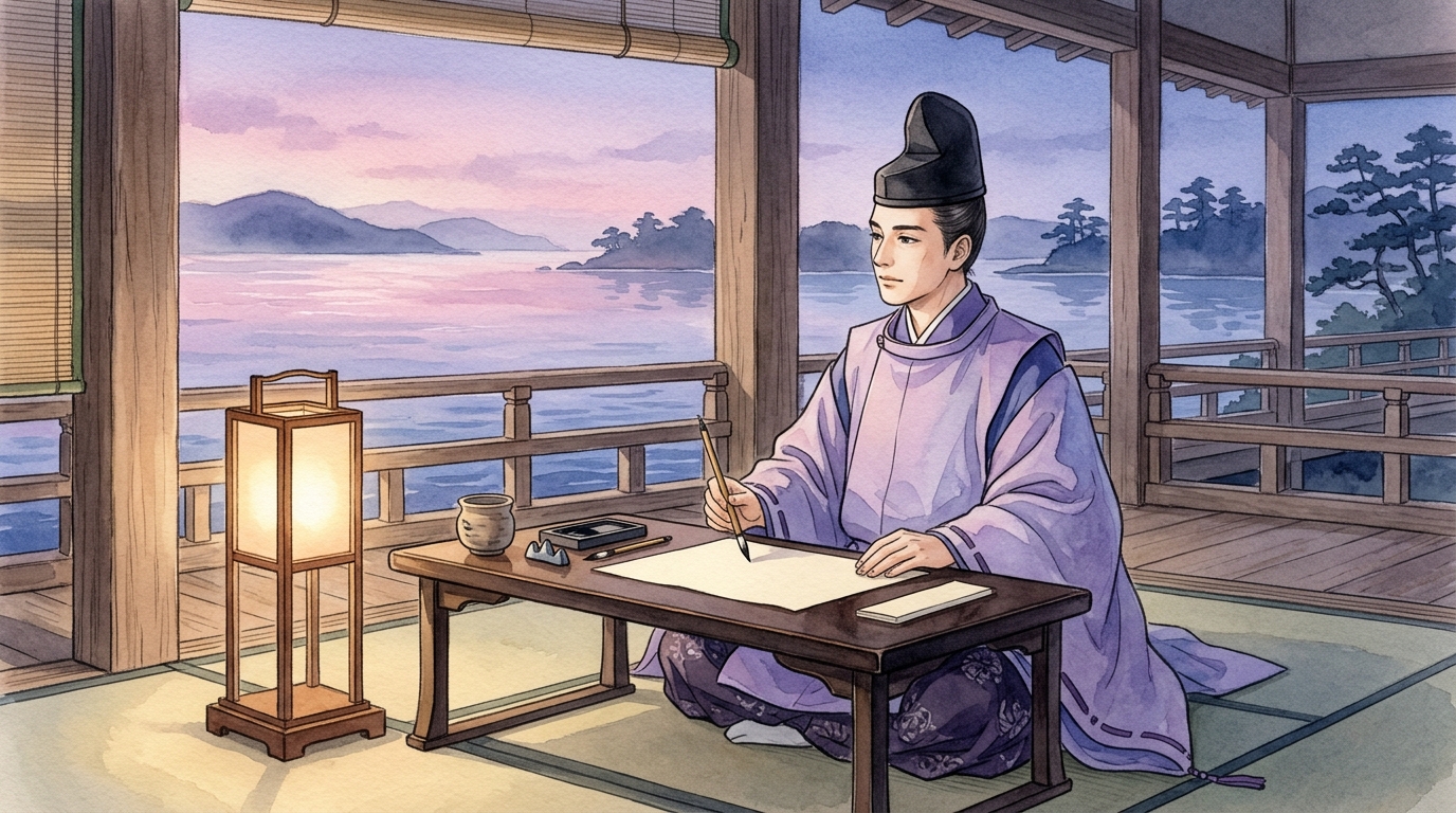 月明かりの海辺を望む文机で仮名文字の日記を書き綴る平安時代の歌人・紀貫之の水彩イラスト