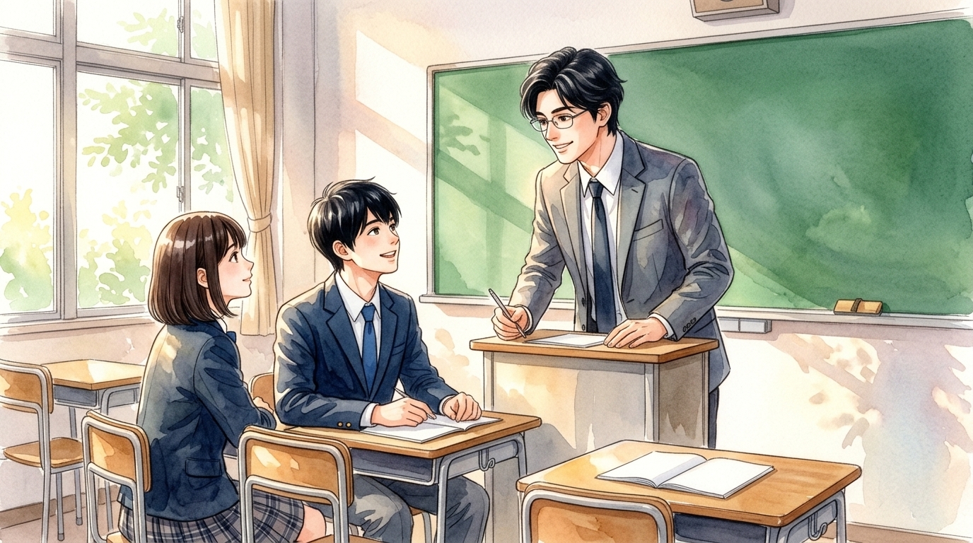明るい机の上で古典の教科書とノート・スマートフォンを使って楽しくテスト勉強を進める高校生の水彩イラスト