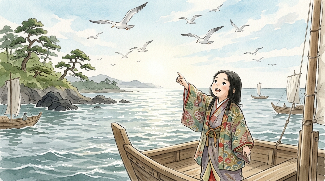 朝の室戸沖を進む船の上から白い海鳥が羽ばたく空を見上げる少女と母親の水彩イラスト