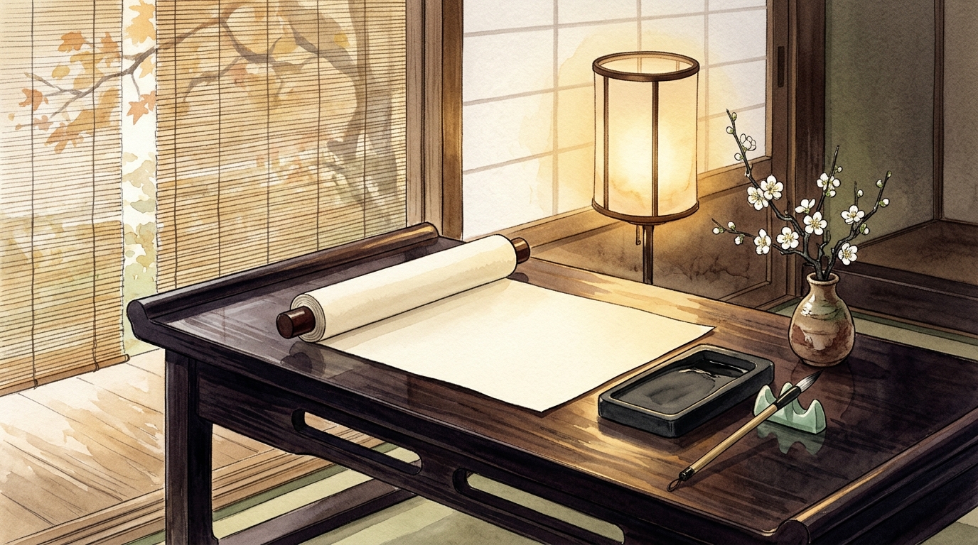 灯火のもとで筆をとり仮名で土佐日記を書き始める平安時代の人物の水彩イラスト