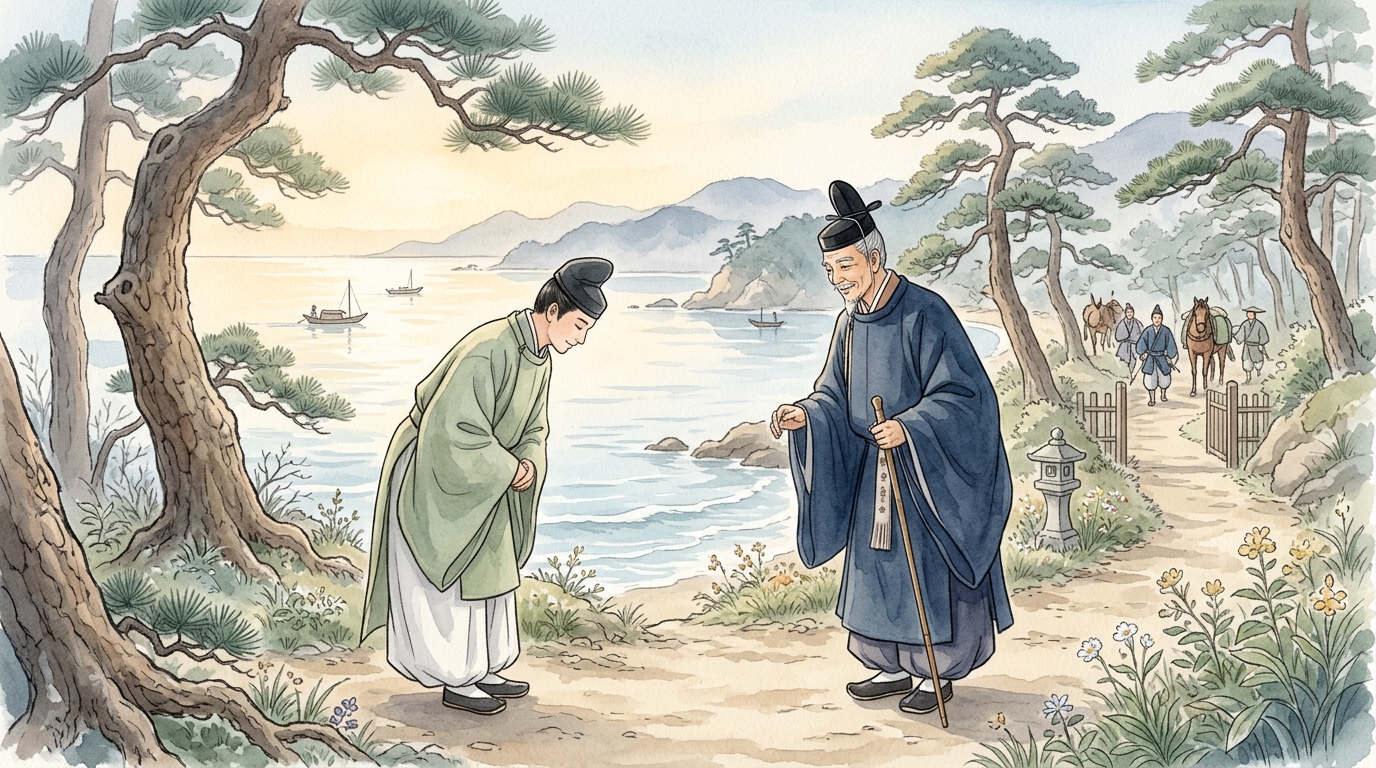前任国司の仮宿へ真心こめて馬のはなむけ(見送り)に訪れる八木のやすのりたちの水彩イラスト