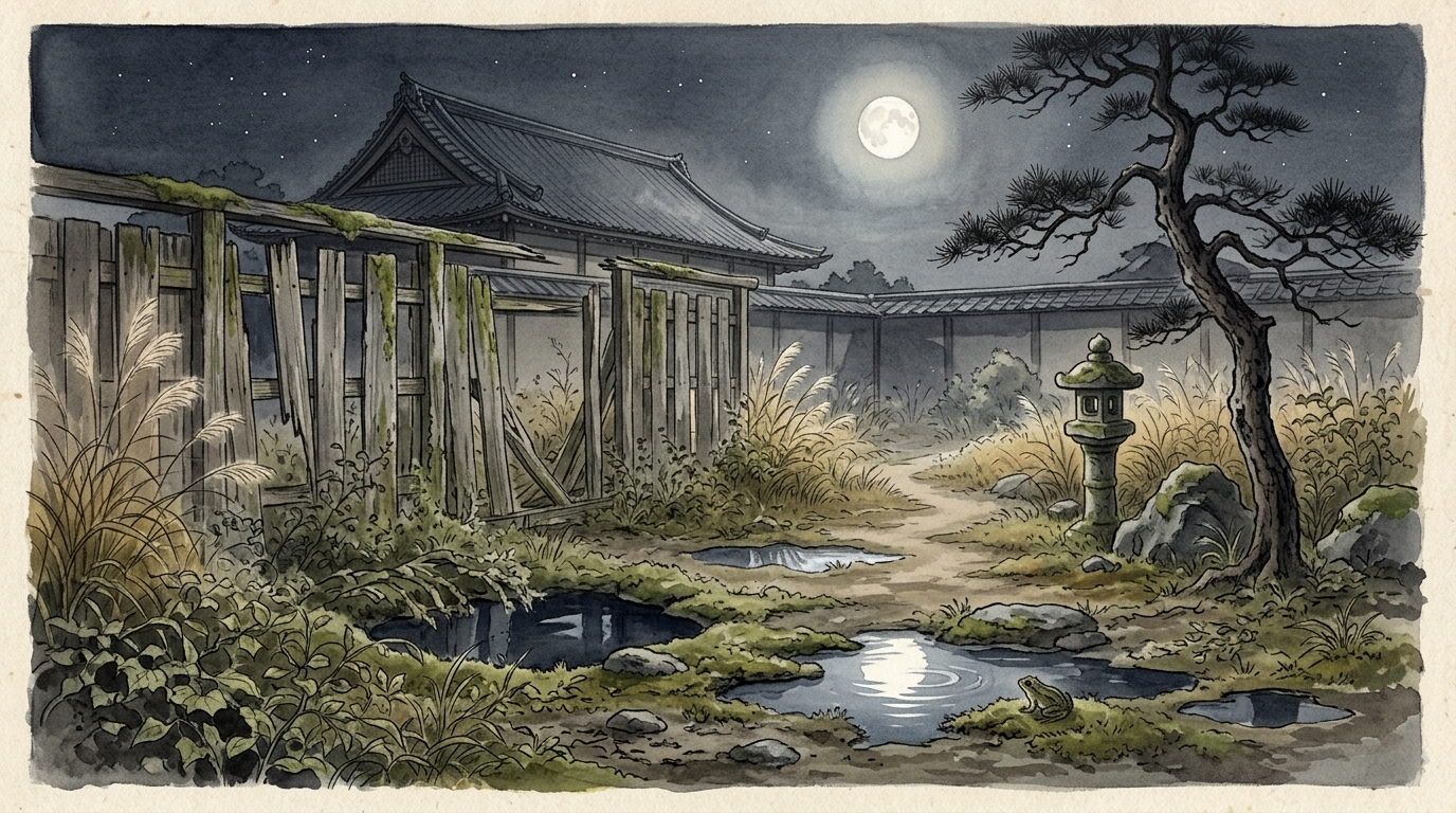 明るい十六夜の月光に照らされた京の自邸の壊れた門と雑草が生い茂る中垣を見つめる紀貫之夫妻の水彩イラスト