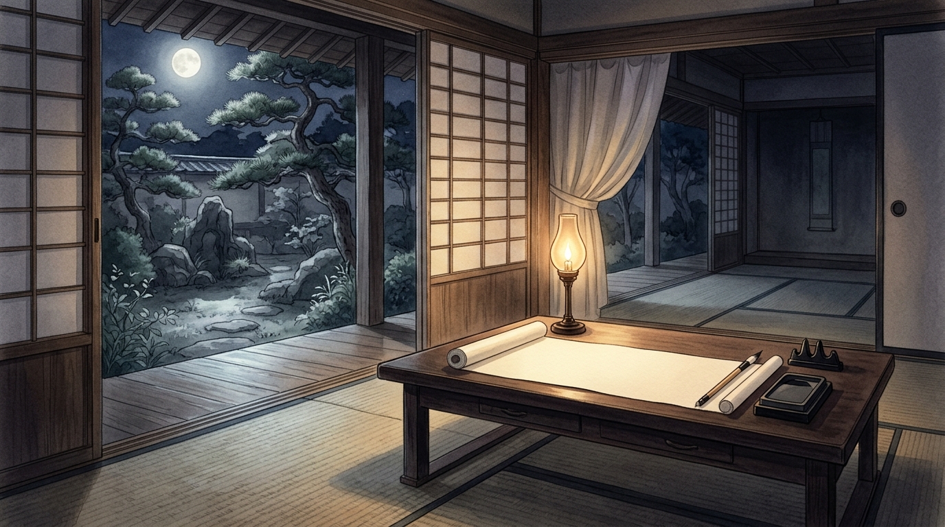 灯火が揺れる静かな京の屋敷の文机の上に置かれた仮名日記の巻物と筆の水彩イラスト