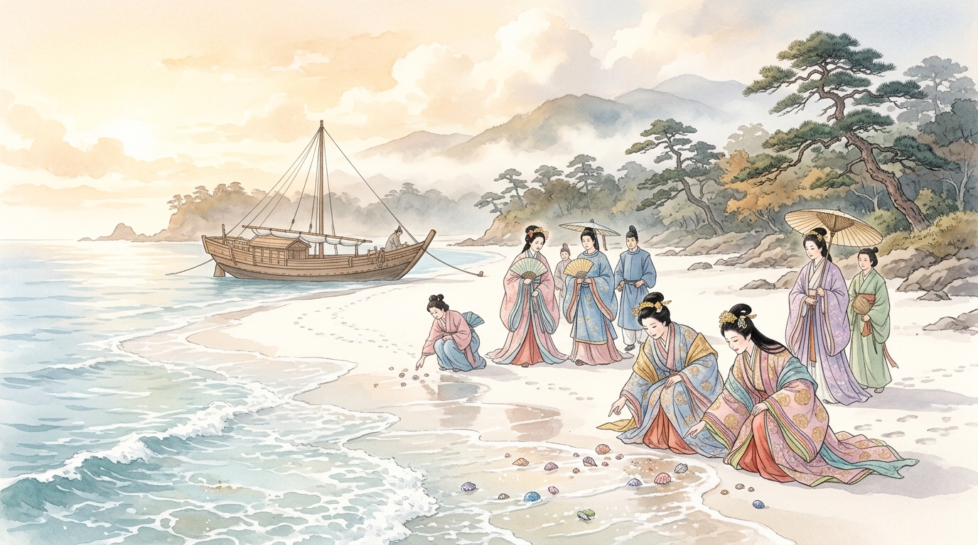 松原の続く白い砂浜に打ち寄せられた桜色の美しい貝殻と真珠のような白い小石の水彩イラスト