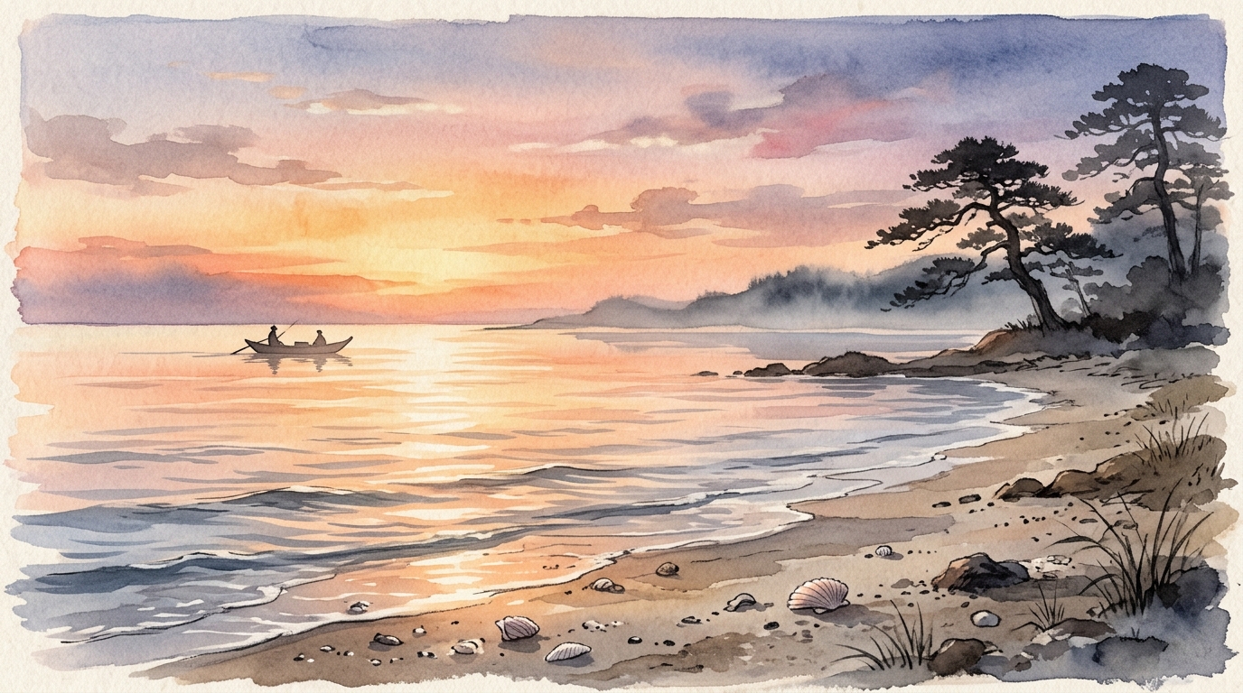 荒れていた波が嘘のように鏡の面のように静まった夕暮れの大阪湾を進む和船の水彩イラスト
