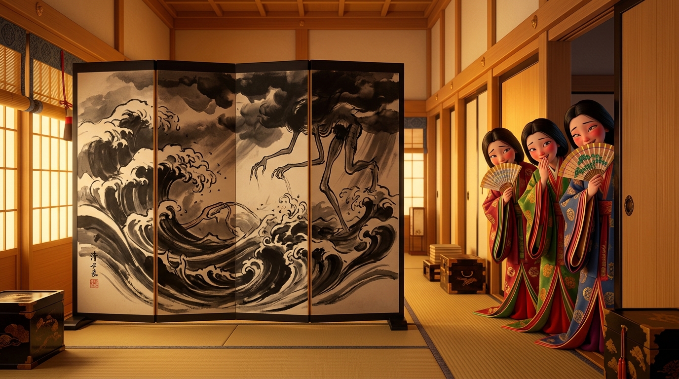 清涼殿の東北の隅にある荒海の障子と妖怪の墨絵を覗き見て笑う女房たち