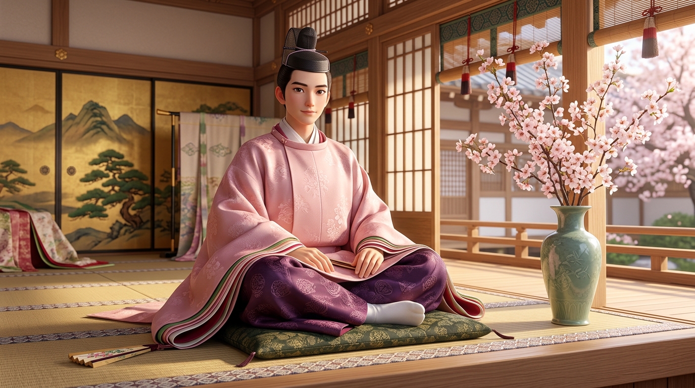 桜の直衣に濃紫の指貫をまとい気品あふれる大納言藤原伊周
