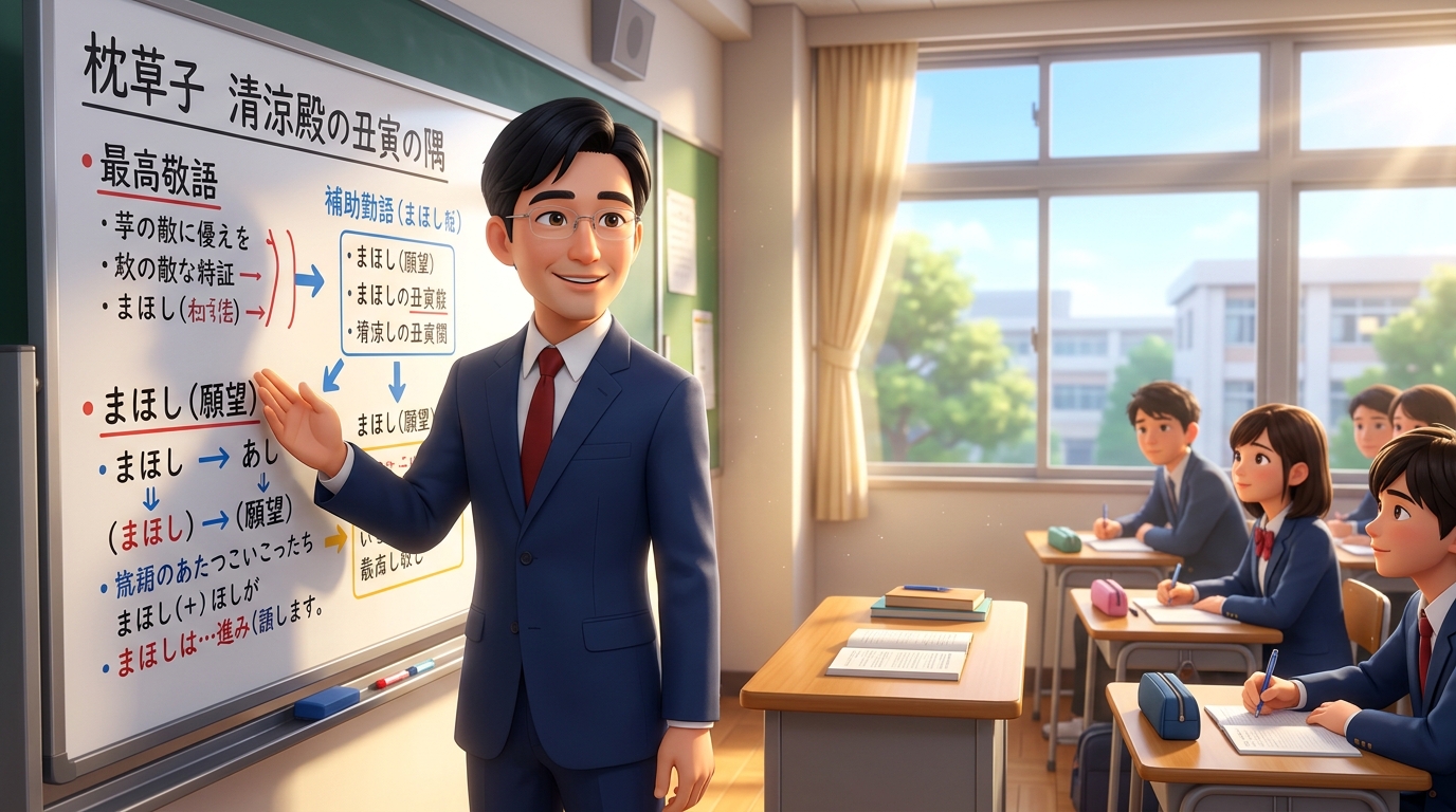 ホワイトボードの前で清涼殿の丑寅の隅のテスト対策を熱心に講義するたく先生